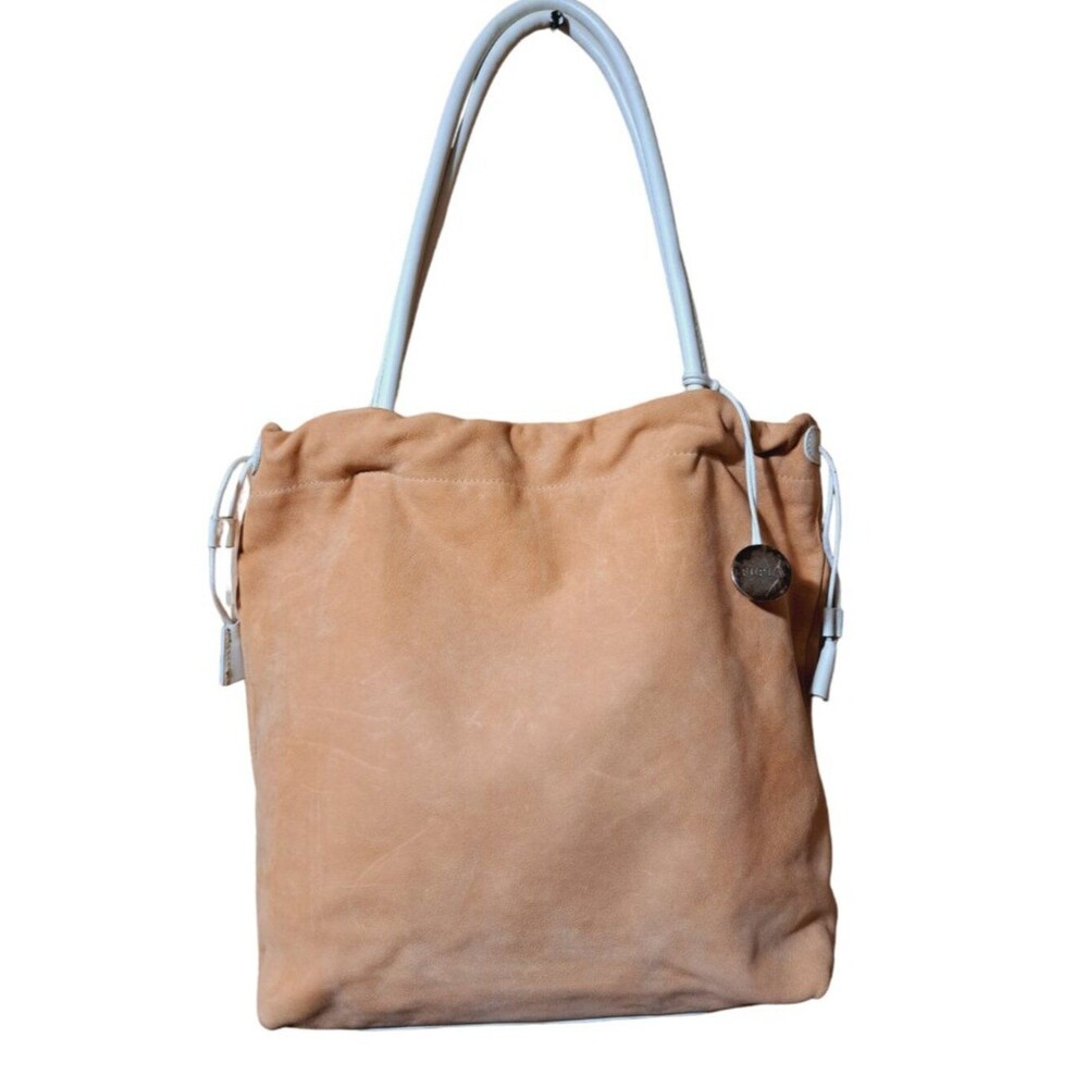 Furla Women's Tan Suede White Leather Trim Drawstring Shoulder Purse Bag